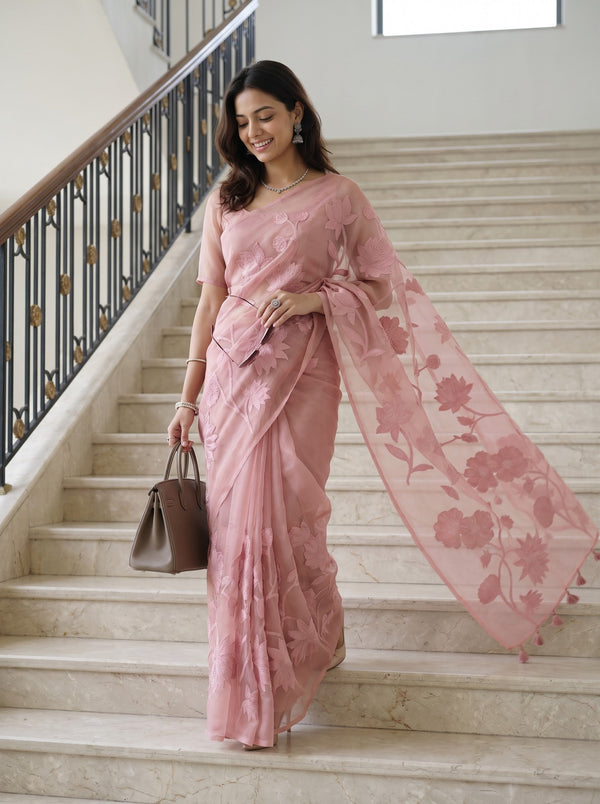 Organza Pink Floral Vine Embroidery Saree with Tassels