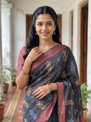 Tussar Silk Black and Maroon Saree with Triangle and Embroidered Border Pallu