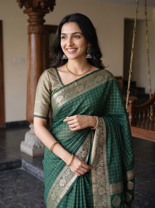Cotton Silk Bottle Green Golden Paisley Floral Butta Pallu Saree