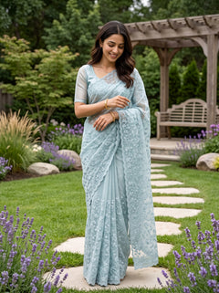 Net Kota Powder Blue Floral Lace Embroidery Saree
