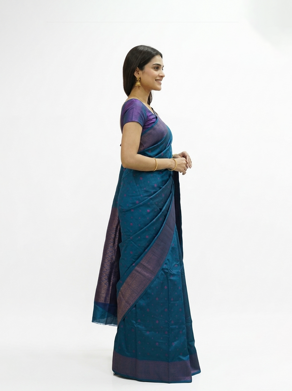 Semi Silk Peacock Blue Small Butti Saree