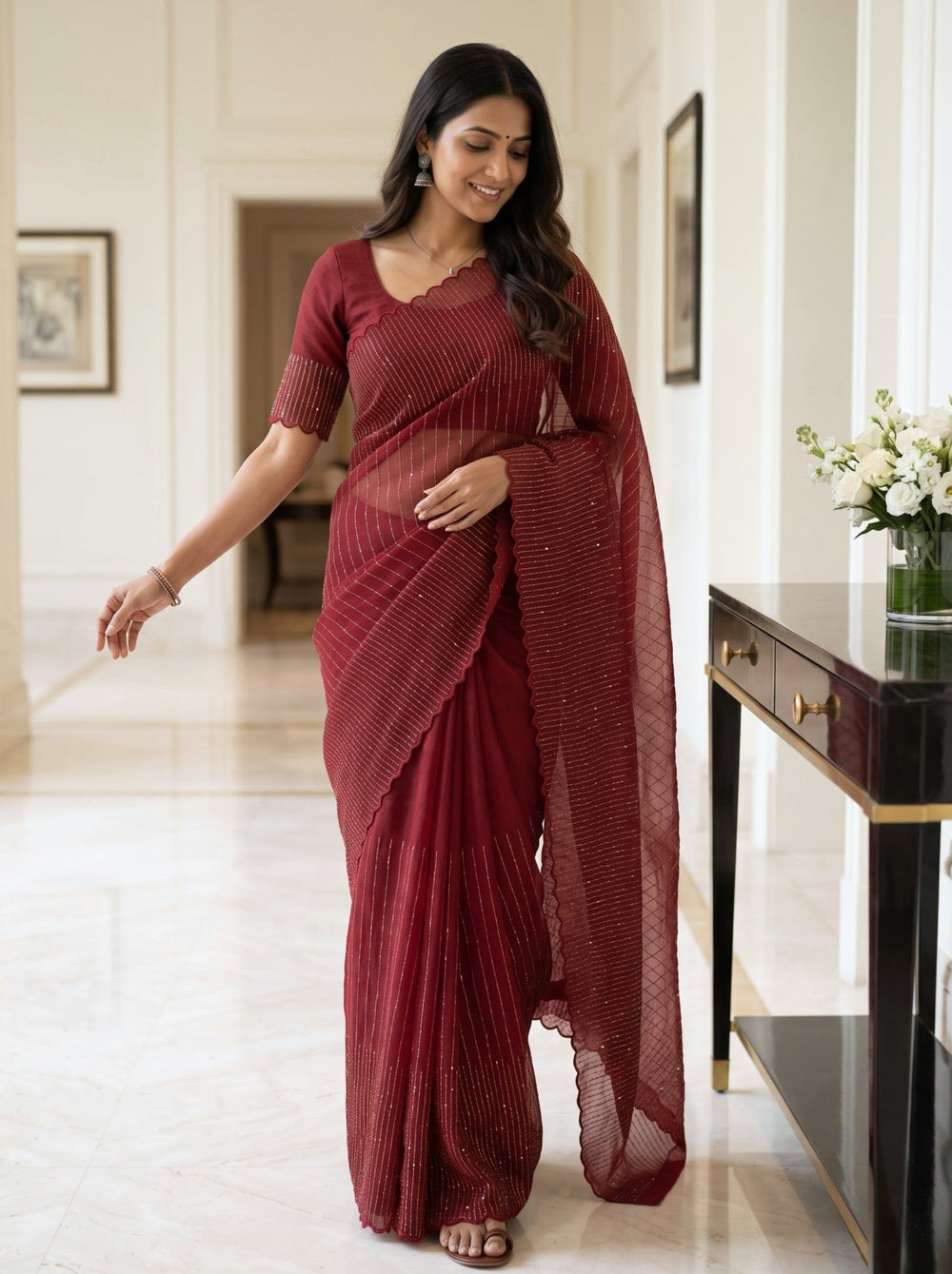 Organza Deep Red Allover Sequin Line Work Scalloped Edge Saree