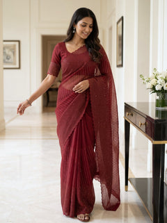 Organza Deep Red Allover Sequin Line Work Scalloped Edge Saree