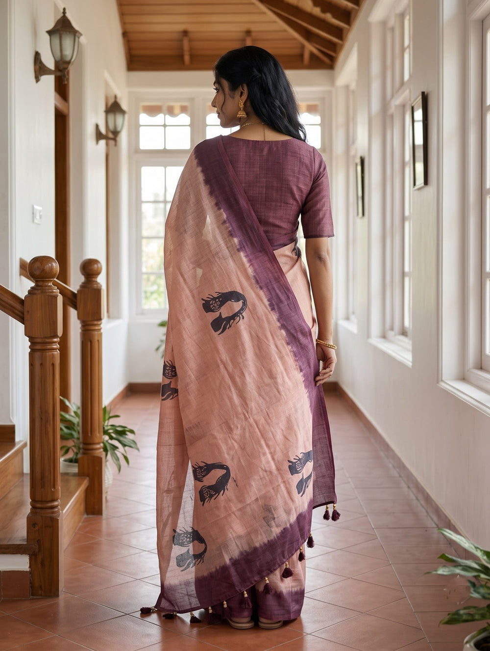 Cotton Peach Saree with Charcoal Face Print and Wine Ombre Border