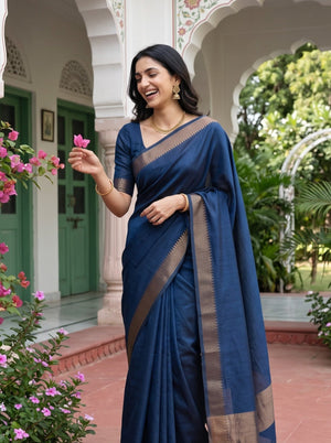 Matka Silk Navy Blue Gold Chevron Border Saree
