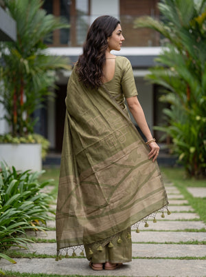 Matka Silk Olive Green Saree with Geometric Trellis and Leaf Jaal Weave