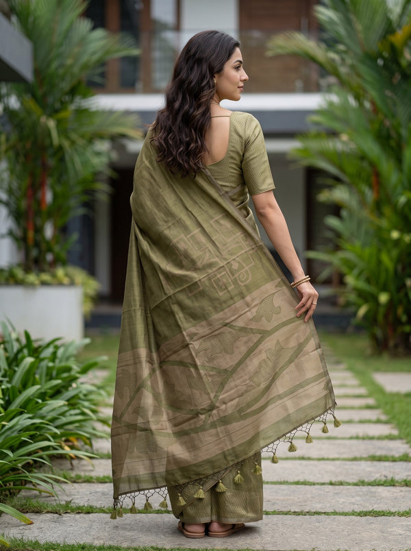 Matka Silk Olive Green Saree with Geometric Trellis and Leaf Jaal Weave