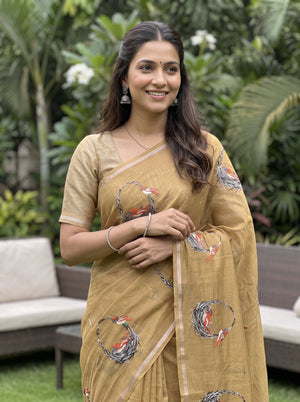 Chanderi Golden Tan Parrot Motif Embroidered Nest Wreath Saree