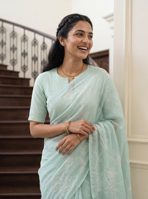Organza Sky Blue Rose & Bird Embroidered Saree