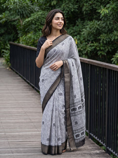 Polycotton White Black Elephant Procession Border Pallu Saree with Leaf Vine Block Print