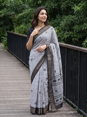 Polycotton White Black Elephant Procession Border Pallu Saree with Leaf Vine Block Print