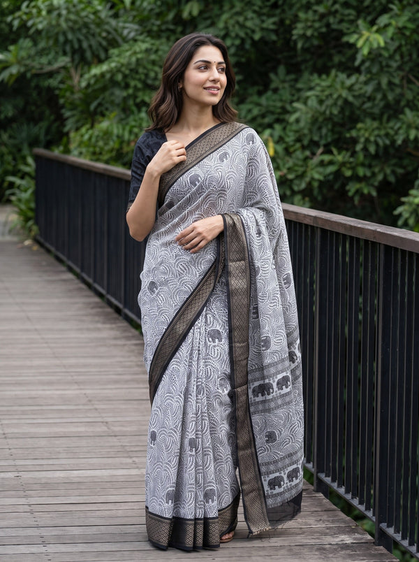 Polycotton White Black Elephant Procession Border Pallu Saree with Leaf Vine Block Print