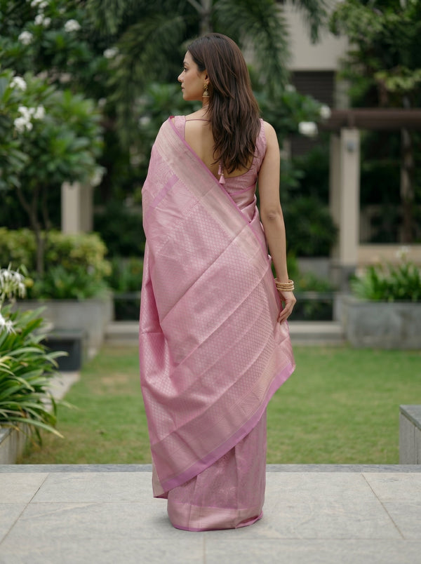Kanjivaram Tissue Silk Dusty Rose Pink Saree with Tonal Silver Zari Floral Jaal