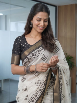 Semi Chanderi Silk White Saree with Black Diamond Floral Block Print