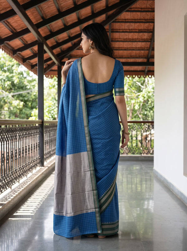 Cotton Silk Blue Checkered Silver Zari Border Saree