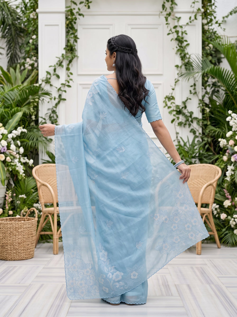 Organza Sky Blue Self-Tone Floral Embroidered Scalloped Border Saree