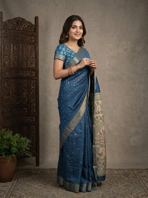 Jute Blue Kalamkari Border Saree