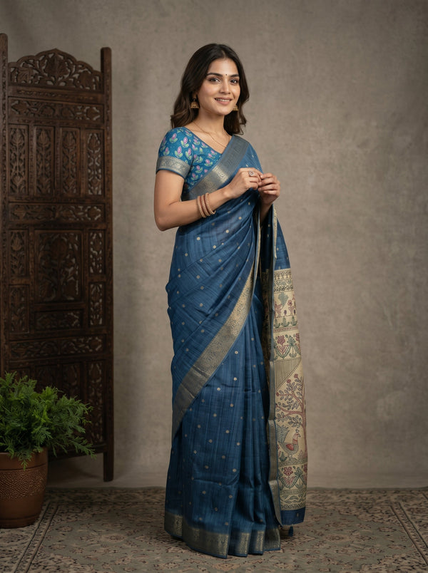 Jute Blue Kalamkari Border Saree