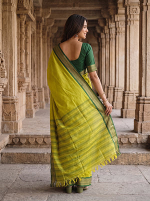 Semi Silk Yellow Saree with Green Zari Floral Border