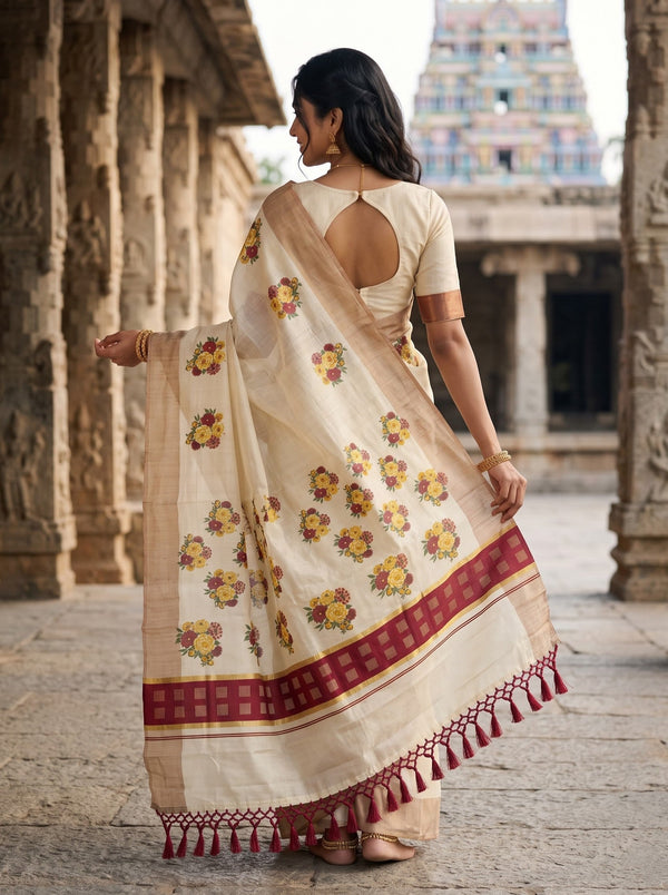 Tissue Cream Kerala Saree with Floral Bouquet Print Pallu, Checkered Maroon Golden Border