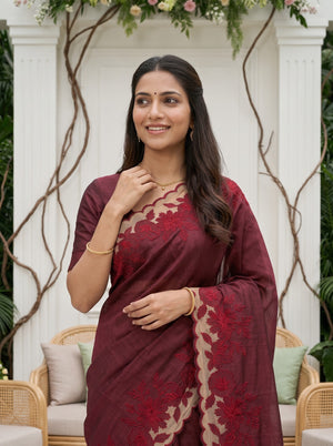 Semi Tussar Maroon Red Floral Applique Embroidered Net Cutwork Pallu Saree with Scalloped Border