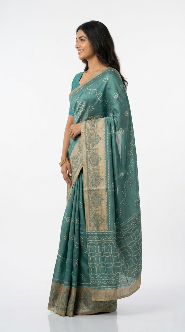 Cotton Teal Green Bandhani Style Saree