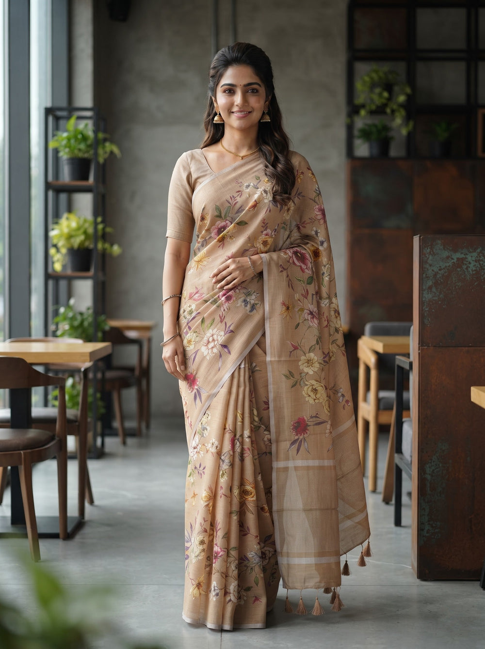 Linen Beige Multicolor Watercolor Floral Print Saree