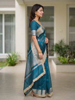 Tissue Banarasi Teal Plain Saree with Gold Zari Border
