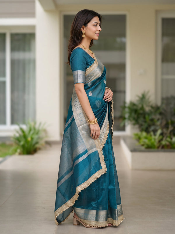 Tissue Banarasi Teal Plain Saree with Gold Zari Border