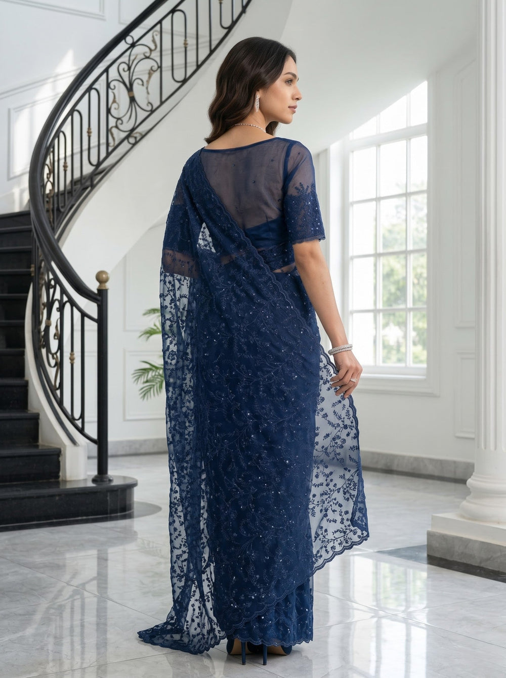 Organza Navy Blue Saree with Sequin Floral Vine Embroidery