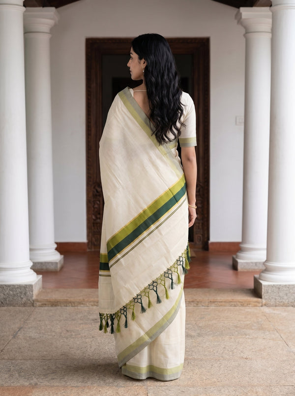 Tissue Cream Olive Green Tasseled Border Onam Kerala Saree