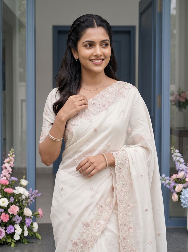 Organza Off White Blush Pink Floral Butta Sequin Embroidered Border Saree