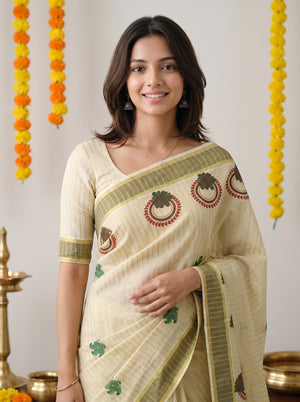 Tissue Golden Pinstripe with Floral Medallion Print and Olive Border Kerala Saree