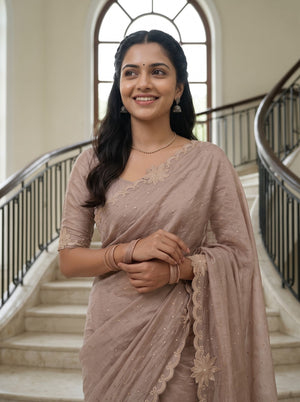 Organza Dusty Rose Saree with Floral Applique Scalloped Border and Sequin Work