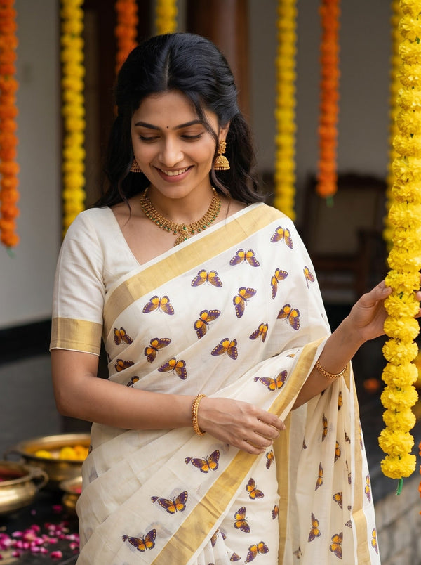 Cotton Off-White Violet Butterfly Print With Golden Border Onam Special Kerala Saree