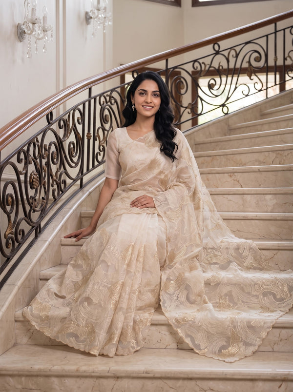 Turkish Organza Cream Golden Wave Brushstroke Embroidery All-Over Saree