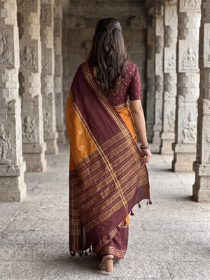 Semi Silk Maroon Saree with Golden Elephant Motif Orange Pallu
