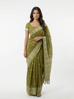 Chanderi Cotton Moss Green Traditional Motif Saree