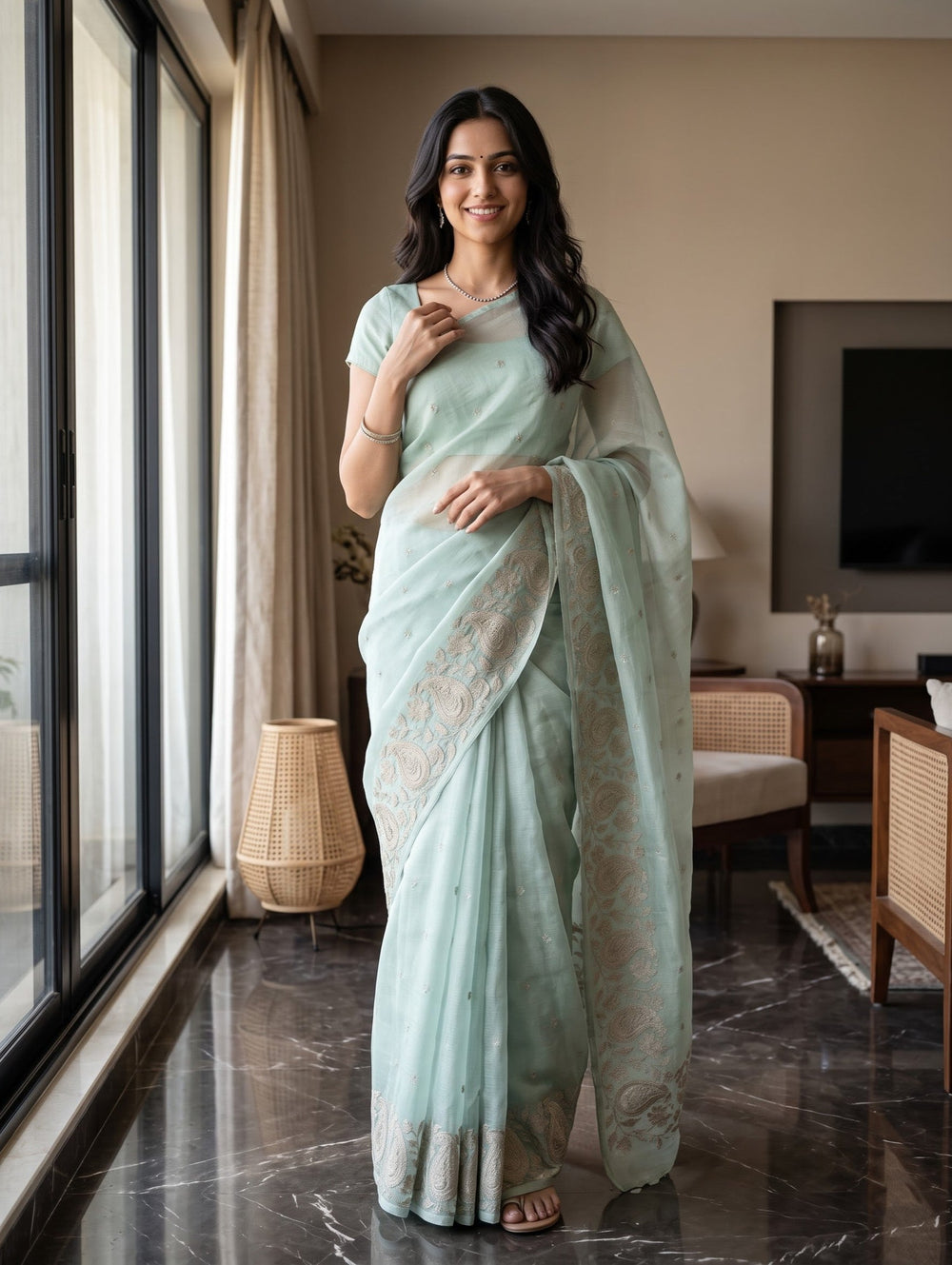 Organza Sage Green Paisley Floral Vine Embroidered Pallu