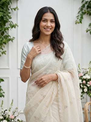 Organza Pastel Mint Green Pearl Bead Sequin Leaf Butta Scalloped Border Saree
