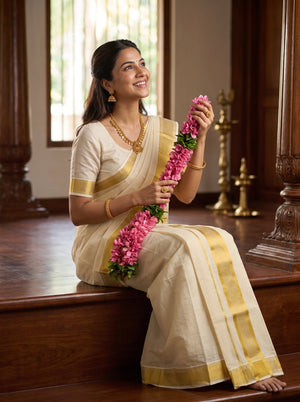 A woman wearing a cream-colored saree with gold borders sits on a wooden bench in a traditional indoor setting, holding a pink floral garland.
