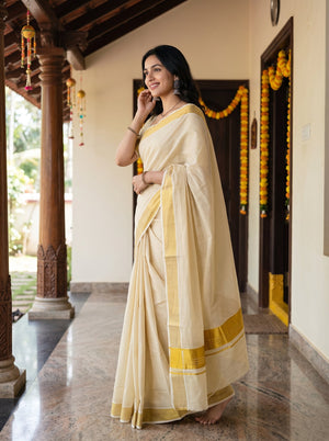 Tissue Cream Golden Shimmer Border Onam Special Kerala Saree