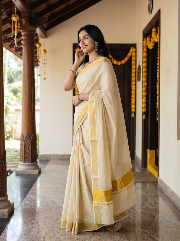 Tissue Cream Golden Shimmer Border Onam Special Kerala Saree