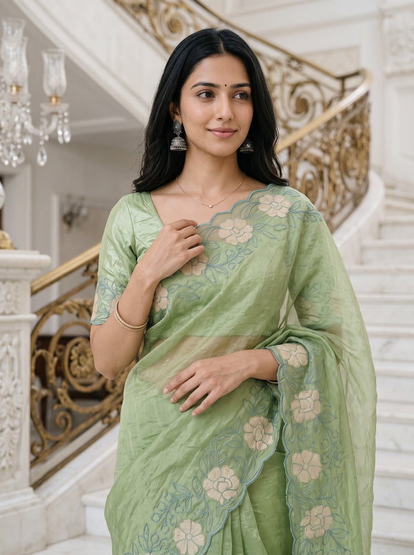 Organza Sage Green Floral Applique Vine Scalloped Border