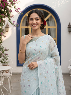 Mul Chanderi Silk Light Blue White Floral Vine Multicolor Dot Motif Pallu Saree