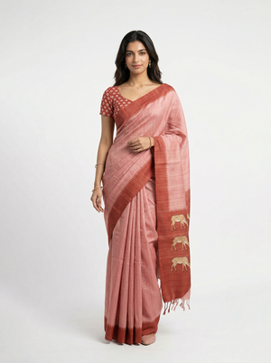 Semi Jute Peach Pink Contrast Border Saree