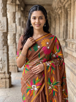 Tussar Silk Rust Orange Saree with Kantha Hand Embroidery Floral Pallu