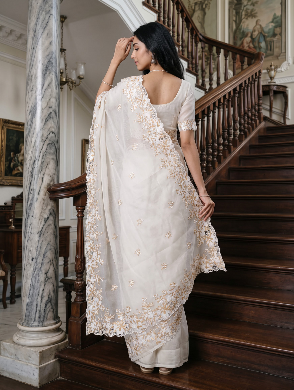 Organza Cream Mustard Golden Floral Embroidery Scalloped Lace Border