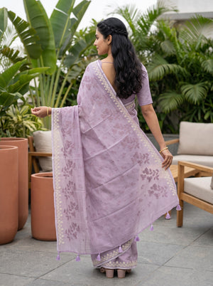 Pure Chanderi Lilac Saree with Embroidered Floral Lace Border