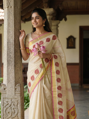 Tissue Cream Kerala Saree with Leaf Motif Print Pallu, Golden Zari and Pink Border